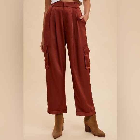 Annie Wear Wide Leg Cargo Satin Pants